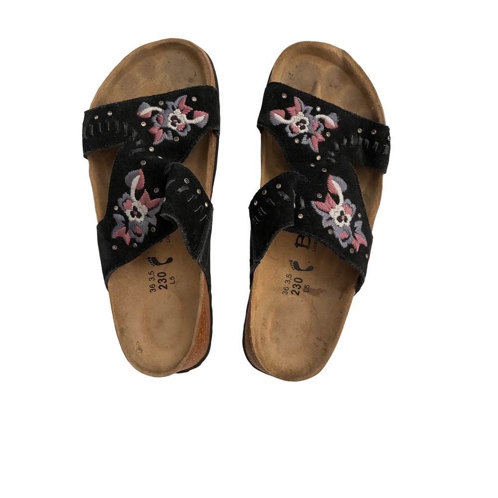 Betula by Birkenstock Black Suede Floral Embroidered Studded Slide Sandals 36
